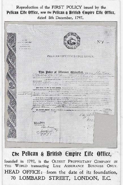 Reproduction of the first policy issued by the Pelican Life Office, 1797